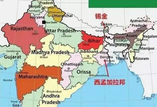 锡金与西孟加拉邦地理位置图 。注:图中右上方虚线内为印度非法侵占的藏南地区(来源:环球时报)