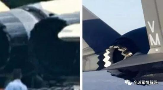 2021号歼-20尾喷管(左),F-35尾喷管(右),可见类似的锯齿状隐身设计