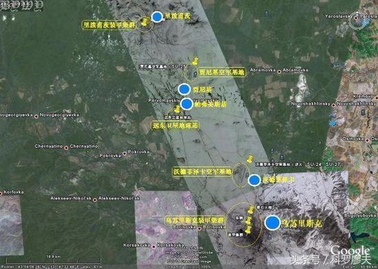 由于地理位置重要,俄军在乌苏里斯克部署有大量部队。这是卫星地图上的乌苏里斯克驻军。