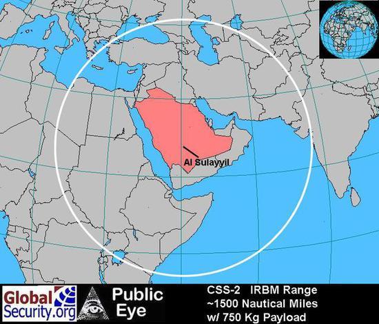 ◎沙特东风-3型战术弹道导弹打击范围示意图(载荷750千克)