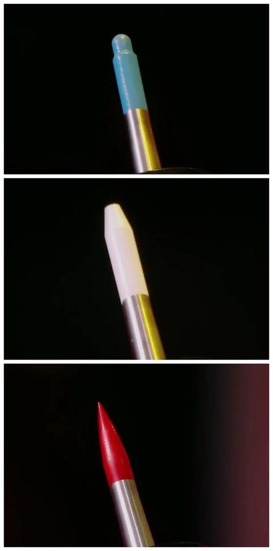 ▲某节目里出现的半球型(上)、截锥型(中)、尖头型(下)穿甲头