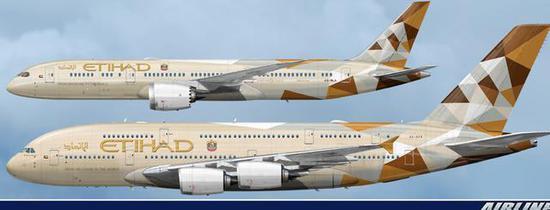 图为阿提哈德航空公司的波音787(上)和空客A380(下)等比例侧视图。