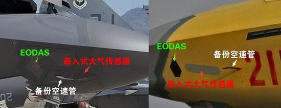 (F-35与歼-20机头都安装有嵌入式大气传感器与备份空速管)