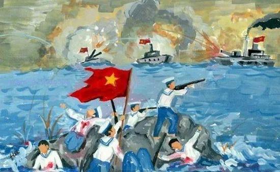 在越南早期关于赤瓜礁海战的宣传画中,他们的士兵是持枪的。