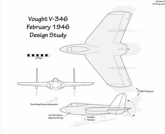 沃特V-346最终发展成F7U-1“弯刀”(阴影轮廓),由于当时后掠翼无尾布局尚不成熟,在操控上存在重大缺陷