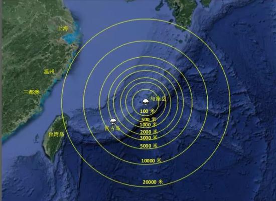 图12 与座岳分屯基地J/FPS-5C型防空警戒雷达最大探测距离示意图