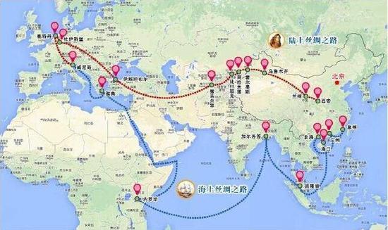 陆上丝绸之路以及海上丝绸之路示意图