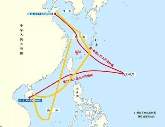 黄线就是辽宁号的大概航行路线,红线是未来中国航母从黄海和南海母港出击太平洋的路线图。