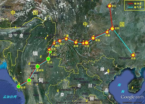 中缅油气管道走向示意图