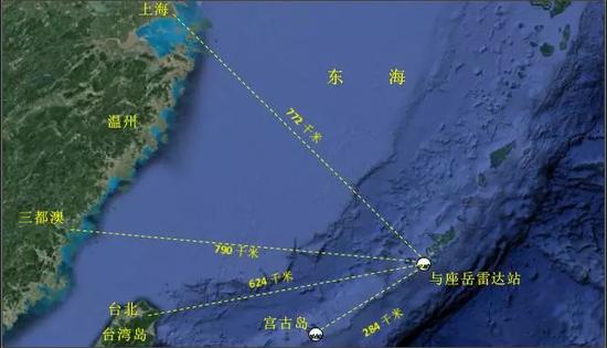 图1 日本航空自卫队与座岳雷达站位置示意图(一)