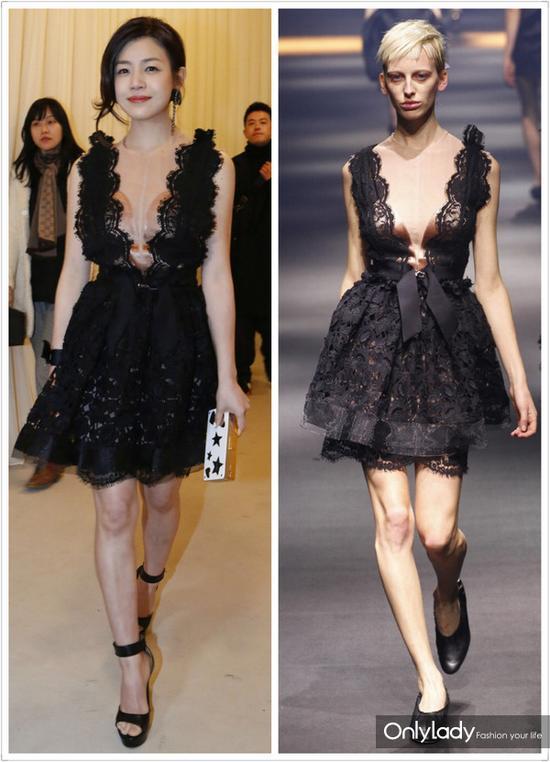 陈妍希 Lanvin 2016SS黑色蕾丝荷叶边连衣短裙