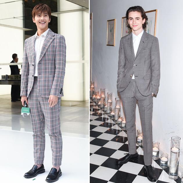 杨洋,甜茶穿浅灰色格纹西服套装
