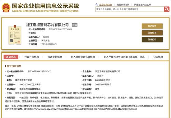 宗馥莉任职董事的宏振智能芯片公司注销