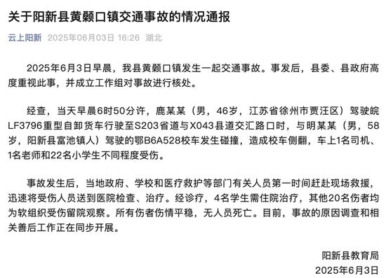 湖北阳新一校车与重型货车发生碰撞后侧翻,22名小学生受伤