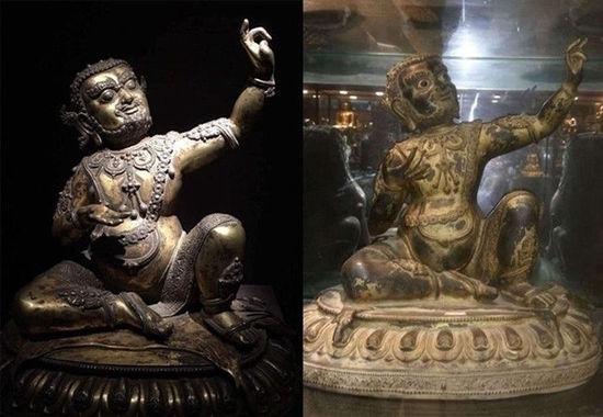 左为浙江美术馆展览中的所谓14一15世纪毗卢巴像;右为北京程田古玩城工艺品店里批发的毗卢巴像