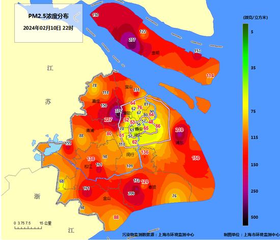 截至10日晚22时上海市各空气自动站PM2.5情况,全上海“红”了一大片