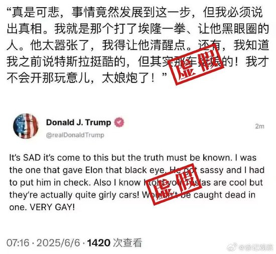 明查｜马斯克眼角淤青是特朗普打的？网传截图是“高仿”