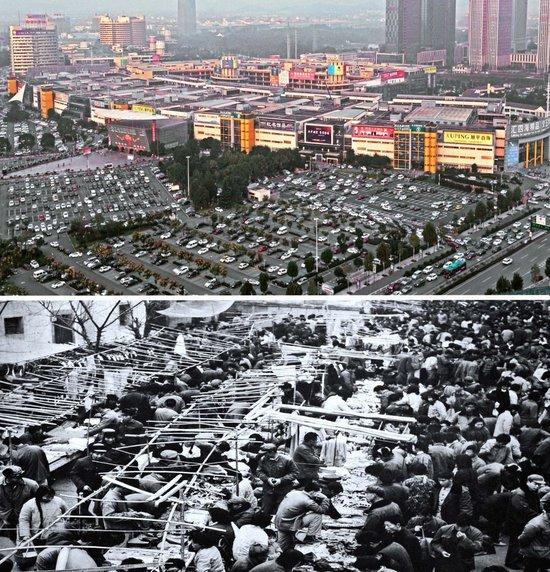 2018年拍摄的义乌国际商贸城一区市场(上)和1982年9月开业的义乌第一代小商品市场(下)。