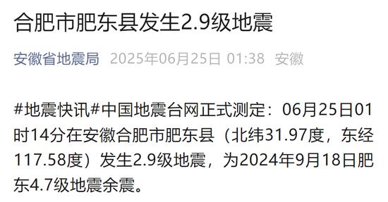 今日凌晨合肥肥东发生2.9级地震,安徽省地震局:系去年4.7级地震余震