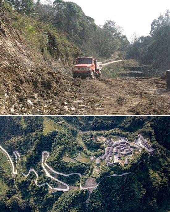 拼版照片:上图为2011年12月拍摄的湖南省湘西土家族苗族自治州花垣县十八洞村进村道路,下图为2019年9月拍摄的十八洞村及进村道路。