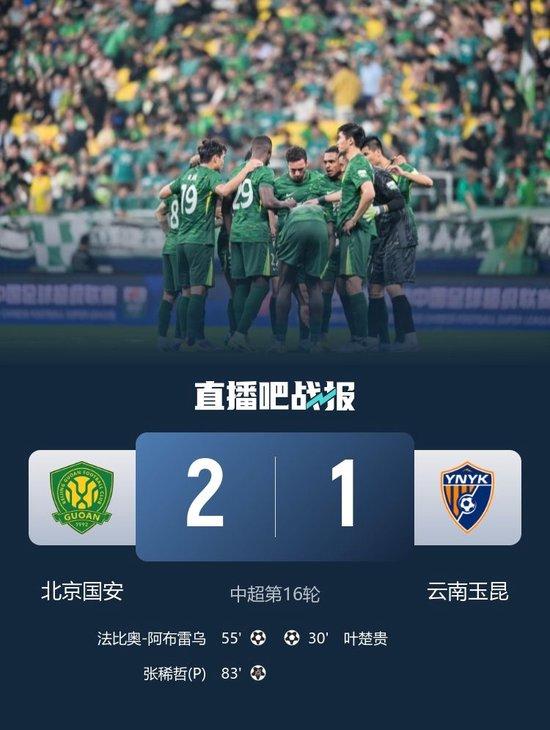 4连胜&16轮不败领跑!国安2-1逆转云南玉昆 张玉宁替补助攻+造点