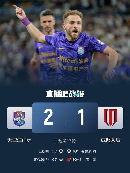 赛季双杀!津门虎2-1蓉城 韦世豪点射+染红后落泪刘殿座失误送礼