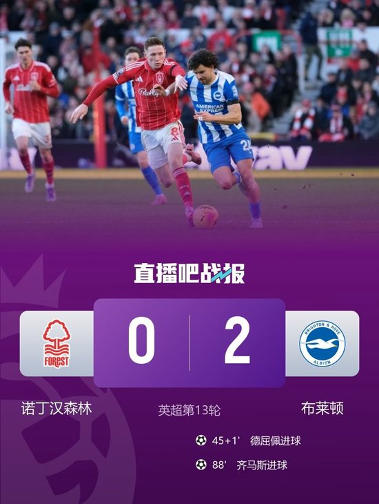 英超-布莱顿2-0诺丁汉森林 德屈佩、齐马斯破门维尔贝克助攻