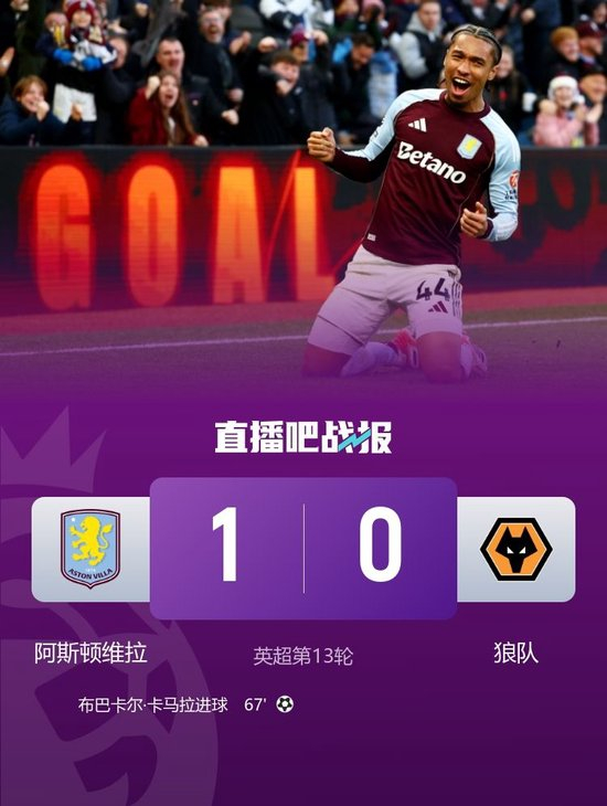英超-维拉1-0狼队3连胜暂升第三&狼队7连败 卡马拉世界波制胜