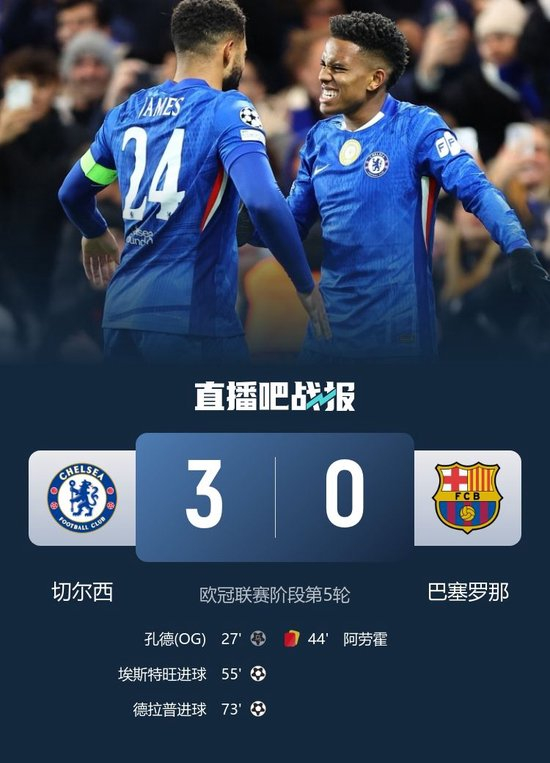 三连胜！切尔西3-0轻取巴萨 埃斯特旺一条龙德拉普建功阿劳霍红牌