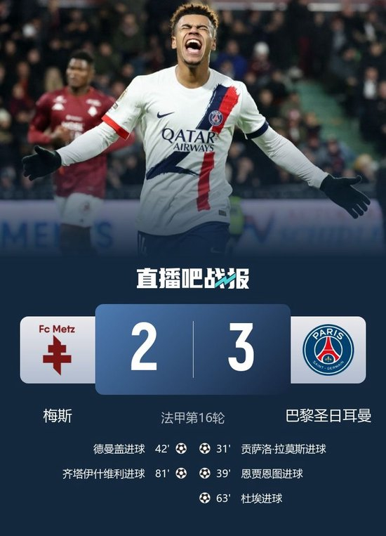 暂升榜首！巴黎3-2梅斯 杜埃长距离奔袭斩回归后首球 姆巴耶2助攻
