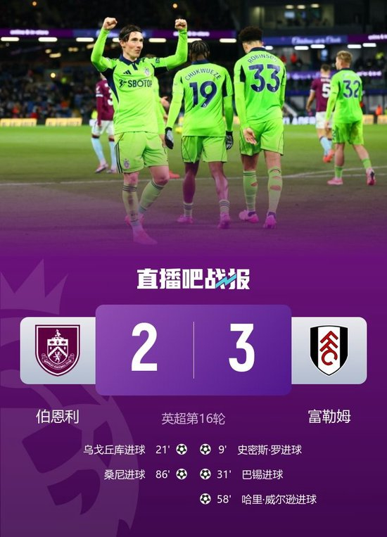 富勒姆3-2送伯恩利英超7连败 哈里威尔逊2传1射史密斯罗破门