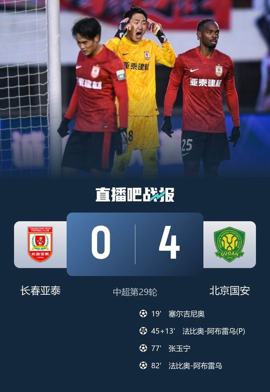 命悬一线!亚泰0-4国安先赛一场仍垫底 法比奥2射1传塞鸟弑旧主