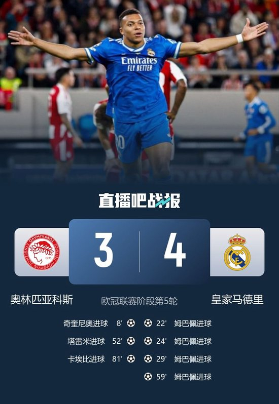 有惊无险!皇马4-3奥林匹亚科斯 姆巴佩大四喜维尼修斯助攻双响