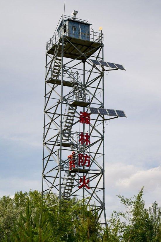 6月5日,临河区国营新华林场护林员登上瞭望塔准备开展巡护工作。新华社记者 李志鹏 摄