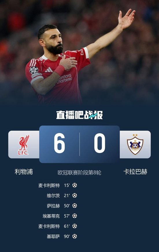 利物浦6-0卡拉巴赫大胜出线 麦卡双响埃基蒂克传射范戴克助攻戴帽