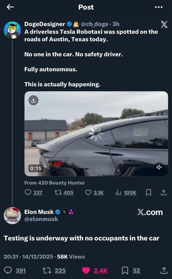 真无人驾驶来了!马斯克:特斯拉启动无安全员Robotaxi路测