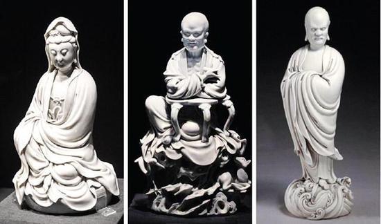 图1 何朝宗作品,左起依次为《观音坐像》《鹤鹿仙人雕像》《达摩渡海像》,故宫博物院藏(来源:网络)