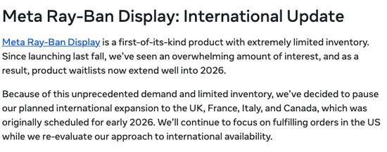 智能眼镜需求远超预期!Meta被迫宣布暂停国际扩张计划