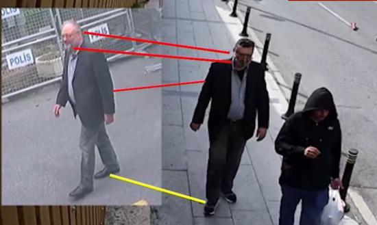 卡舒吉进门的监控视频（左）与伪装卡舒吉的沙特“特工”离开后门（右）的监控视频