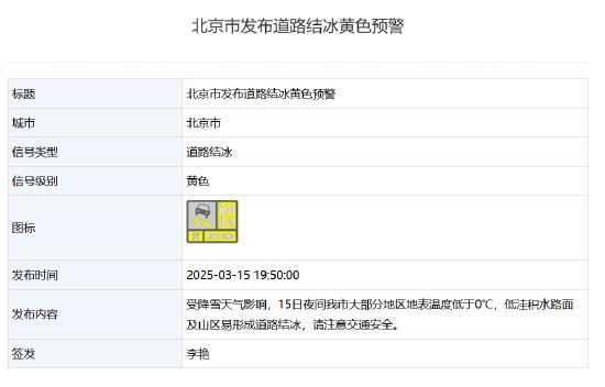 北京市发布道路结冰黄色预警