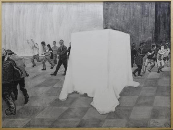2017年《魔术》,150×200cm 布面素描,贺丹