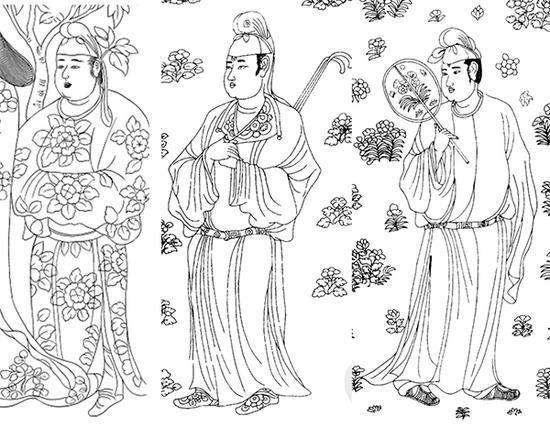 左:开元二十五年(737年)武惠妃墓石椁线刻画(线描图);中右:天宝元年(741年)“让皇帝”李宪墓石椁线刻画(线描图)