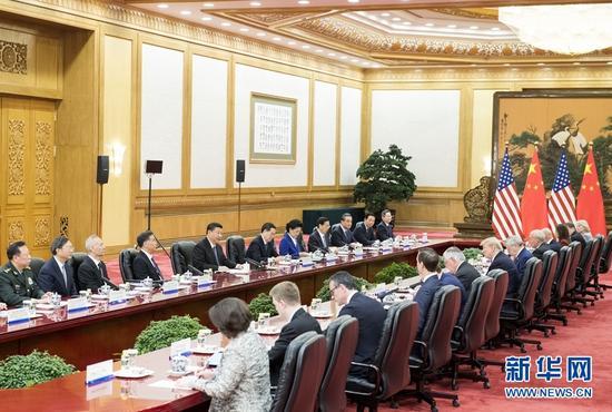 11月9日,国家主席习近平在北京人民大会堂同美国总统特朗普举行会谈。新华社记者 李学仁 摄