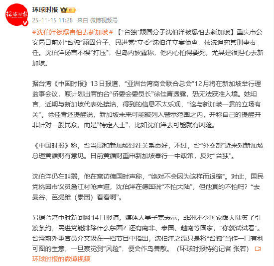 “台独”分子沈伯洋扬言不惧“打压” 岛内披露:他内心怕得要死,尤其是很担心去新加坡