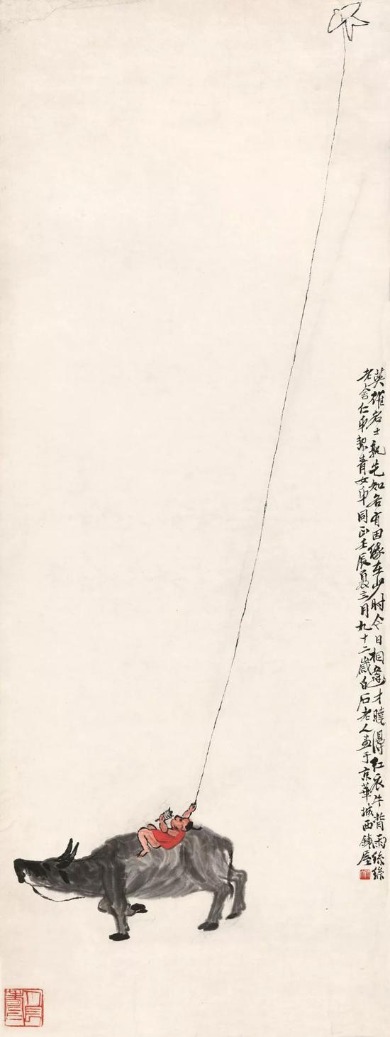 齐白石 红衣牛背雨丝丝 1952年 151.5cm×56.5cm纸本水墨设色 2015年老舍、胡絜青家属舒济、舒乙、舒雨、舒立捐赠 中国美术馆藏