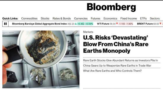 彭博社头条标题: 中国稀土垄断,美国面对“摧毁性”打击风险
