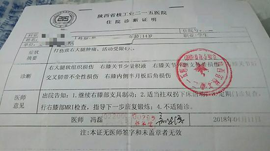 陕西省核工业二一五医院诊断显示叶铮出现右大腿软组织损伤,右膝关节少量积液等问题。 受访者供图。