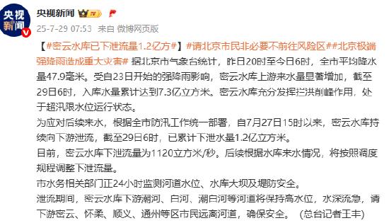 密云水库已下泄流量1.2亿方