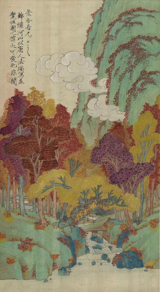 于非闇 秋山红树图 74cm×40cm 绢本设色 2015年老舍、胡絜青家属舒济、舒乙、舒雨、舒立捐赠 中国美术馆藏