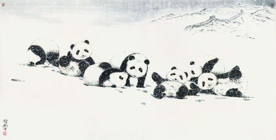 刘中为北京申冬奥成功创作作品《瑞雪七宝》,中国画,244cm×122cm,2015年